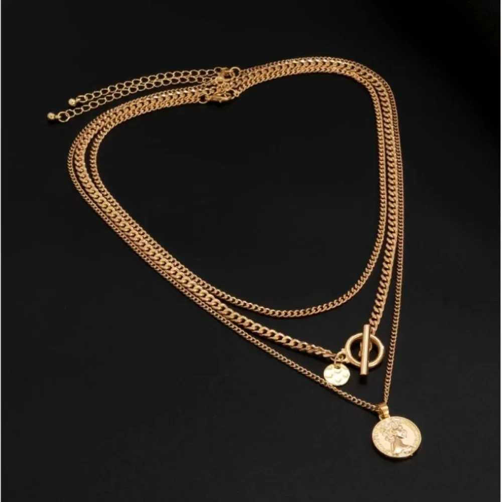7/$35 Gold Color Three Layer Toggle Medallion Necklace - Picture 3 of 7